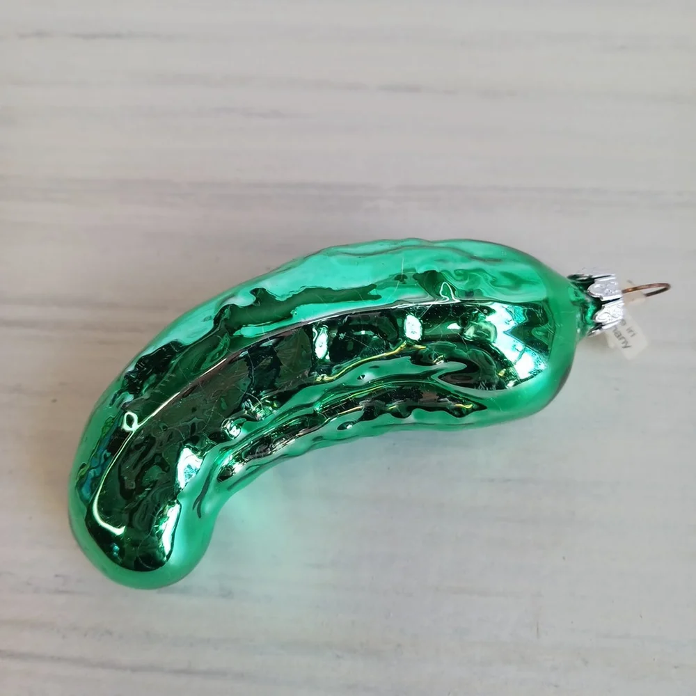 West Germany Glass Green Pickle Christmas Ornament 4 in